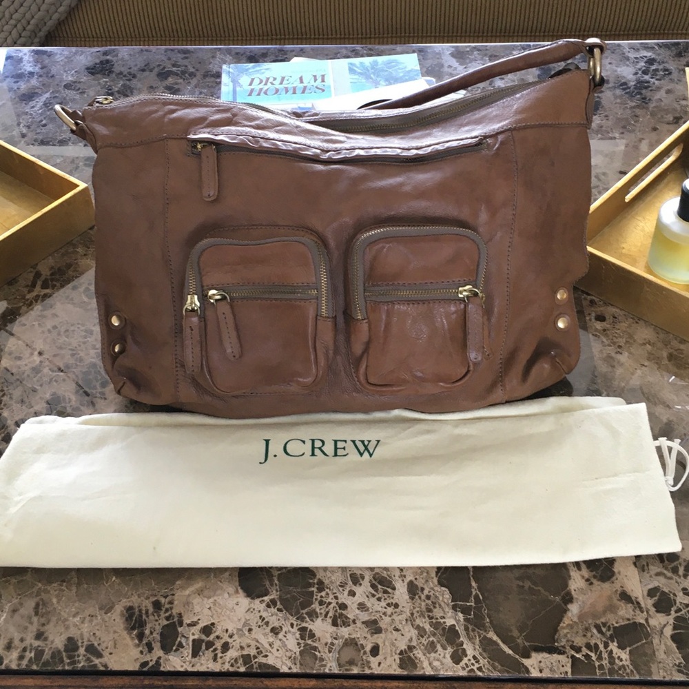 J. Crew Cognac Brown Vintage Leather Hobo Bag with Front Zip Pockets
